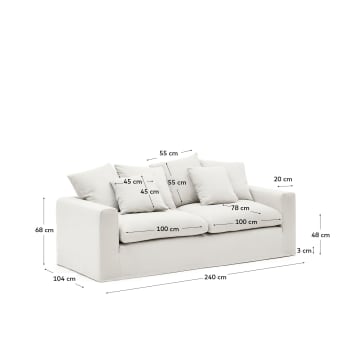 Canapé déhoussable Nora 3 places avec coussins en lin et coton couleur écrue 240 cm - dimensions