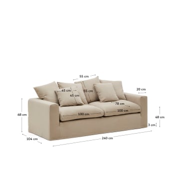 Canapé déhoussable Nora 3 places avec coussins en lin et coton couleur taupe 240 cm - dimensions