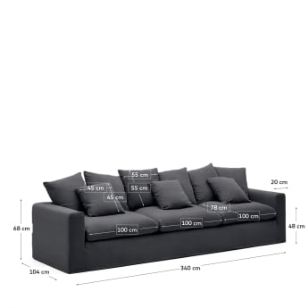 Nora 4-seater sofa with a removable cover and grey anthracite linen and cotton cushions 340 cm - sizes