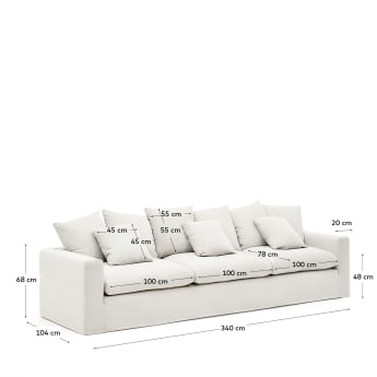Nora 4-seater sofa with a removable cover and ecru linen and cotton cushions 340 cm - sizes
