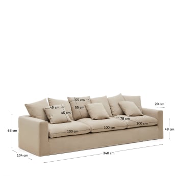 Nora 4-seater sofa with a removeable cover and taupe linen and cotton cushions 340 cm - sizes