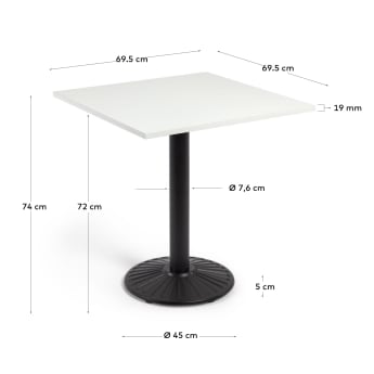 Tiaret table in white melamine, with metal leg in a painted black finish, 69.5 x 69.5 cm - sizes