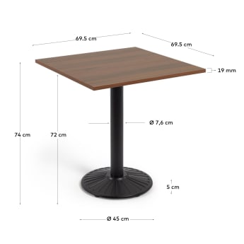 Tiaret table in a walnut wood finish with metal leg in a painted black finish, 69.5x69.5cm - sizes