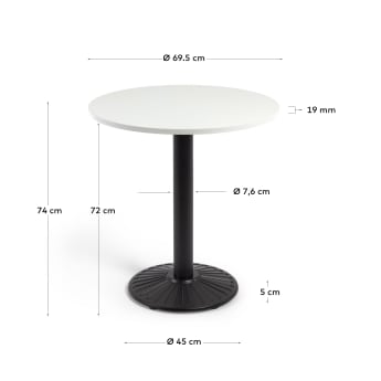 Tiaret round table in white melamine with metal leg in a painted black finish, Ø 69,5 cm - sizes