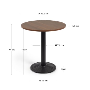 Tiaret round table in walnut wood finish with metal leg in a painted black finish, Ø 69.5cm - sizes