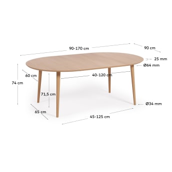 Oqui extendable round table in MDF oak veneer and solid wood legs, 90 (170) x 90 cm - sizes
