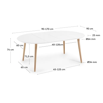 Oqui extendable round table in MDF with white lacquer and solid beech wood legs, 90 (170) x 90 cm - sizes