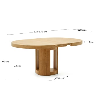 Artis extendable round table in solid wood and oak veneer 100% FSC, 120 (170) cm x 80 cm - sizes