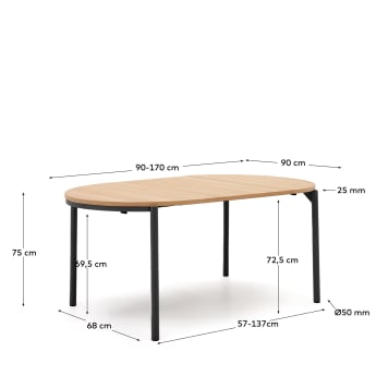 Table ronde extensible Montuiri en placage de chêne et pieds en acier noir Ø90(130) cm - dimensions