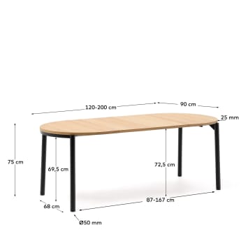 Table ronde extensible Montuiri en placage de chêne et pieds en acier noir  Ø120(160) x 90 cm - dimensions