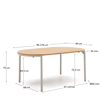 Uitschuifbare ronde tafel Montuiri van eikenfineer met grijs afgewerkte stalen poten  Ø90(130) cm - maten