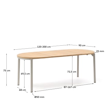 Mesa extensível redonda Montuiri chapa carvalho e pernas aço acabamento cinza 120(200) x 90 cm - tamanhos
