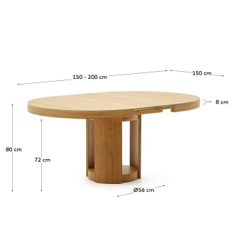 Tavolo rotondo allungabile Artis in legno massiccio e impiallacciatura in rovere FSC 100% 150 (200) x 80 cm - dimensioni