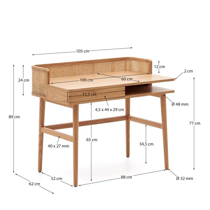 Scrivania Araxi impiallacciata in frassino massiccio e rattan 105 x 62 cm