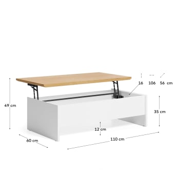 Table basse relevable Abilen en placage de chêne et laqué blanc 110 x 60 cm FSC 100% - dimensions