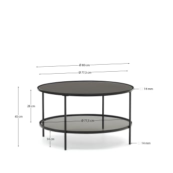 Τραπέζι σαλονιού Gilda, tempered γυαλί και μέταλλο σε μαύρο ματ φινίρισμα, Ø80εκ - μεγέθη