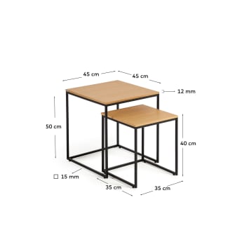 Σετ 2 βοηθητικά τραπέζια Yoana, καπλαμάς δρυός και μεταλλική κατασκευή σε μαύρο χρώμα - μεγέθη