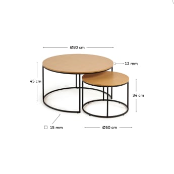 Σετ 2 βοηθητικά τραπέζια Yoana, καπλαμάς δρυός και μαύρο βαμμένο μέταλλο, Ø 80εκ/Ø50εκ - μεγέθη