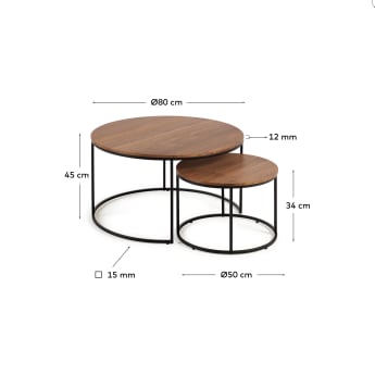 Yoana set of 2 nesting side tables with walnut veneer and black metal, Ø 80 cm / Ø 50 cm - sizes