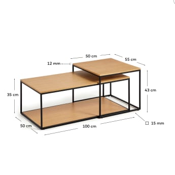 Yoana set of 2 nesting coffee tables with oak wood veneer & black painted metal structure - sizes