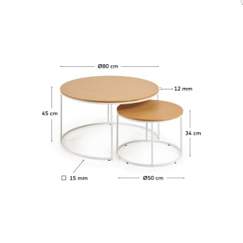 Σετ 2 βοηθητικά τραπέζια Yoana, δρύινος καπλαμά και  λευκή μεταλλική δομή, Ø80εκ/Ø50εκ - μεγέθη