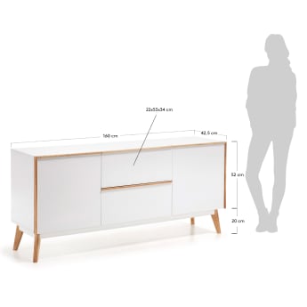 Melan solid rubber wood sideboard with 2 doors and 2 drawers in white lacquer, 160 x 72 cm - sizes