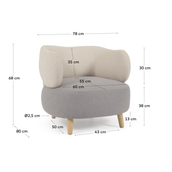 Grey and beige Luisa armchair with solid rubber wood legs - sizes