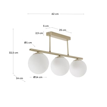 Mahala ceiling light with steel detail and brass finish and three frosted glass spheres - sizes
