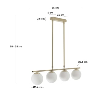 Mahala steel ceiling light with brass finish and four frosted glass spheres - sizes