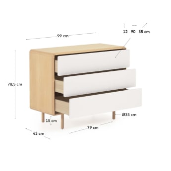 Commode Anielle de 3 tiroirs en bois massif et placage de frêne 99 x 78,5 cm - dimensions