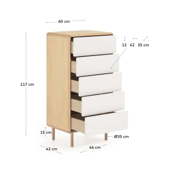 Anielle solid and ash veneer chest of five drawers 60 x 117 cm - sizes