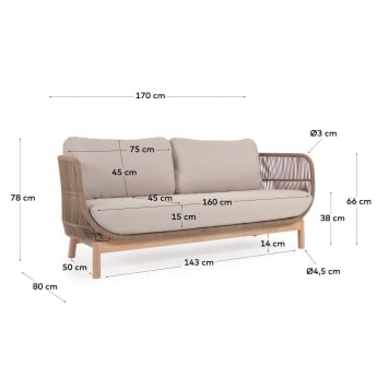 Catalina 3 seater sofa made with beige cord and 100% FSC solid acacia wood, 170 cm - sizes