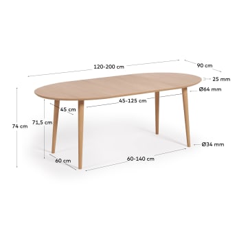 Ανοιγόμενο τραπέζι Oqui, οβάλ, καπλαμάς δρυός και πόδια σε μασίφ ξύλο, Ø120(200)x90εκ - μεγέθη