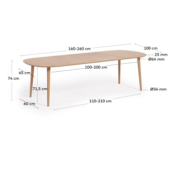 Table extensible Oqui MDF placage chêne et pieds en bois massif 160(260)x100 cm - dimensions