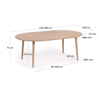 Table extensible Oqui ronde placage de chêne et pieds en bois massif Ø 120 (200) x 120 cm - dimensions