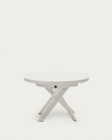 Table extensible ronde Vashti en verre MDF pieds en acier finition blanche Ø120(160)x120cm