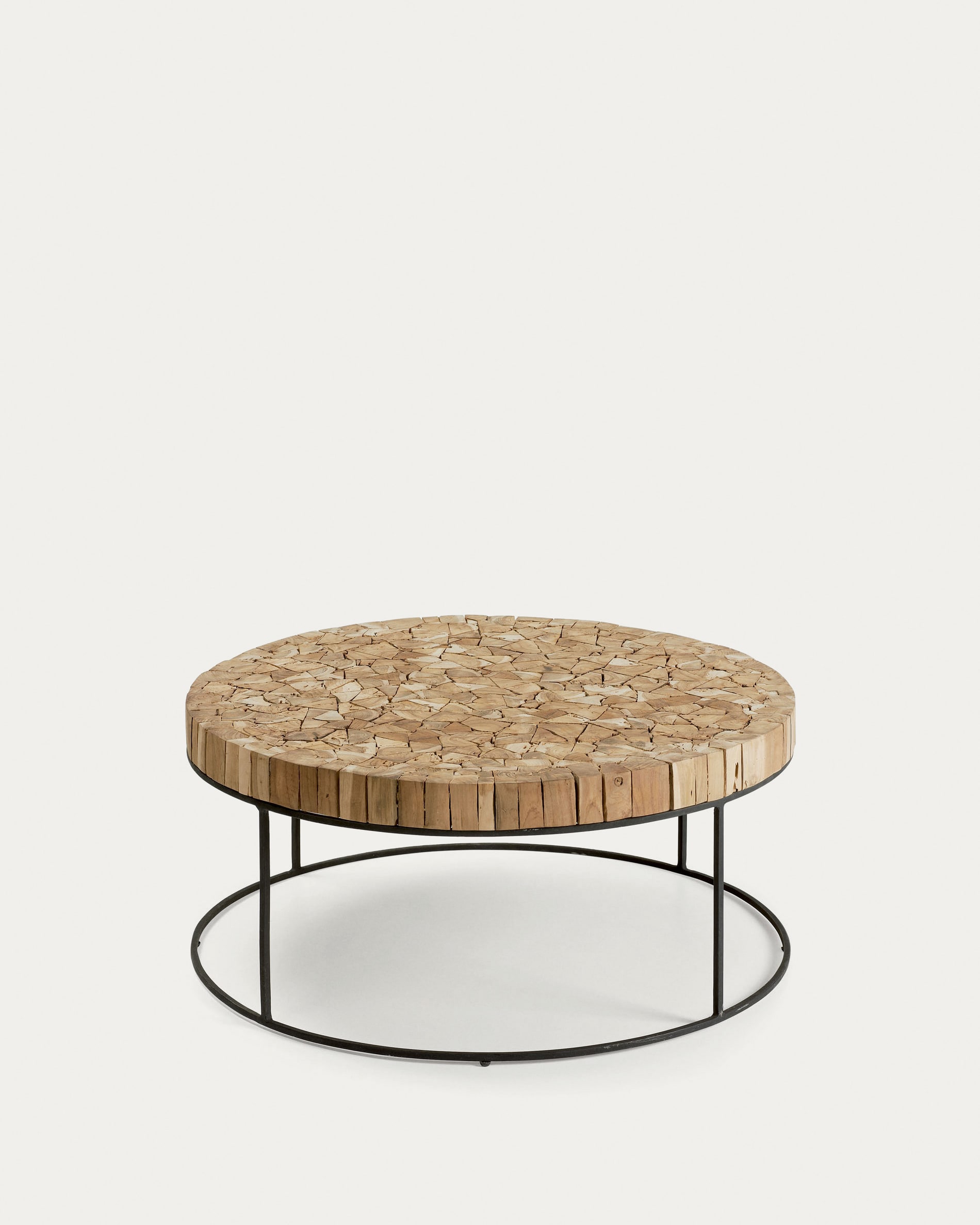Mesa de centro redonda en madera de teca reciclada y metal