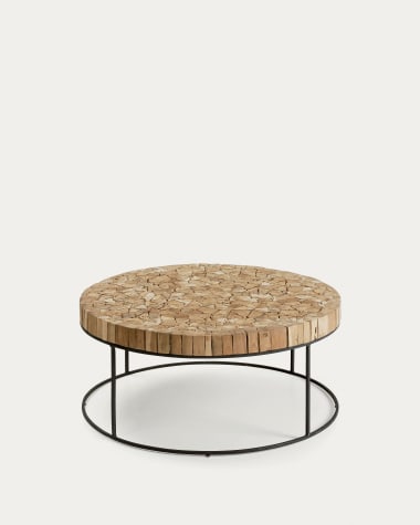 Solo Couchtisch aus massivem recyceltem Teakholz und Stahl schwarz lackiert Ø 80 cm