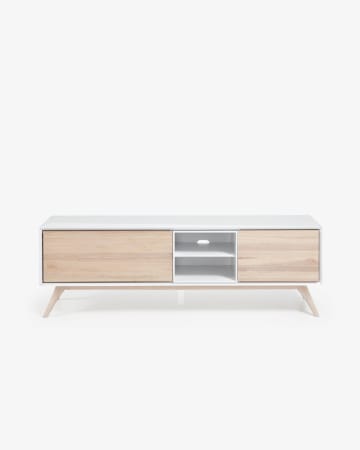 Eunice ash wood veneer and white lacquer TV stand with 2 doors, 174 x 56 cm