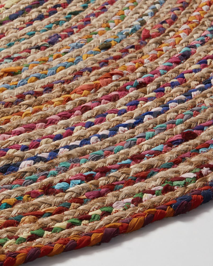 Alfombra redonda de yute y algodón, trenzada a mano, tejida a mano a partir  de alfombras de tela vibrante multicolor, alfombra bohemia colorida para