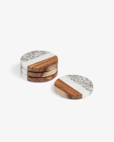 Set Cataleg 4 bases para copos redondas mármore branco cinza madeira de mangueira