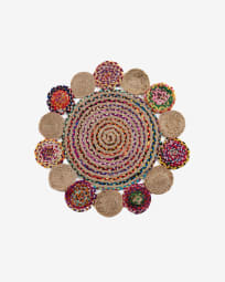 Ginnis round rug made from multicolour yute and cotton, Ø 100 cm
