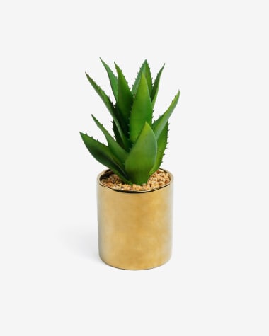 Planta artificial Agave con maceta de cerámica dorado 11 cm