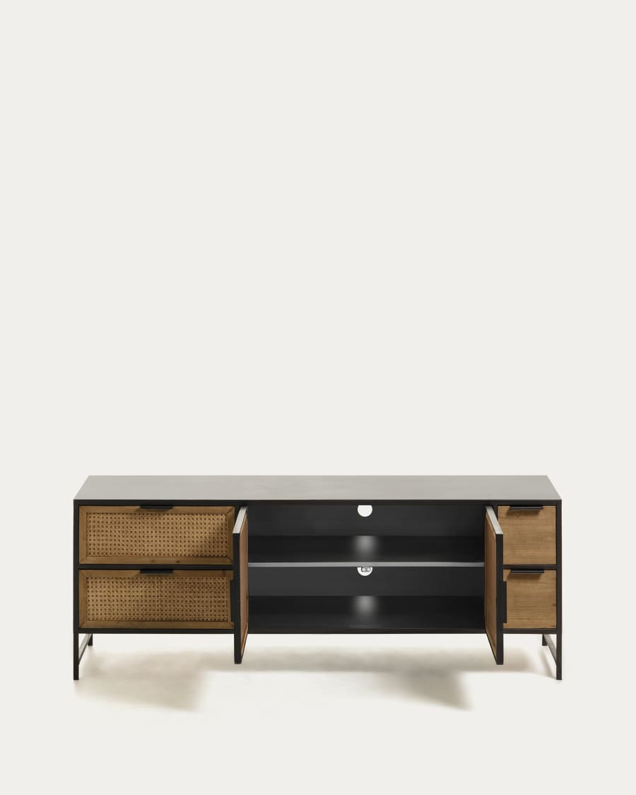 Mueble tv negro de madera con 3 cajones de ratán Emilio
