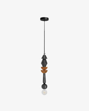 Lampada da soffitto Jellis con 2 semicerchi in legno di mango finitura nera e naturale