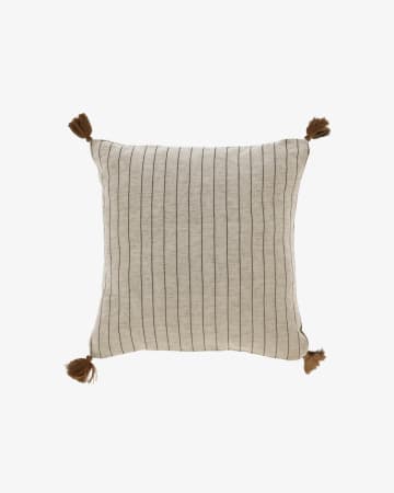 Sagira 100% cotton cushion cover beige with brown tassels and stripes 45 x 45 cm