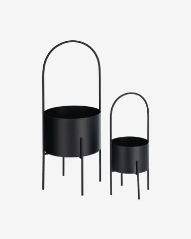 Lot Mash de 2 cache-pots ronds avec poignée en métal noir Ø 25 cm / Ø 16,5 cm