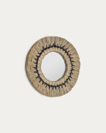 Akila round mirror made from green natural fibres and black cotton cord, 40 cm
