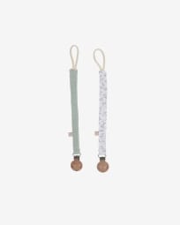 Lot 2 attache-tétines Yamile 100% coton bio (GOTS) turquoise, blanc et feuilles grises