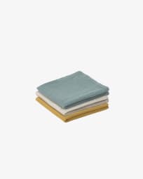 Set of three 100% organic cotton (GOTS) Lihuen towels in mustard yellow, turquoise, beige